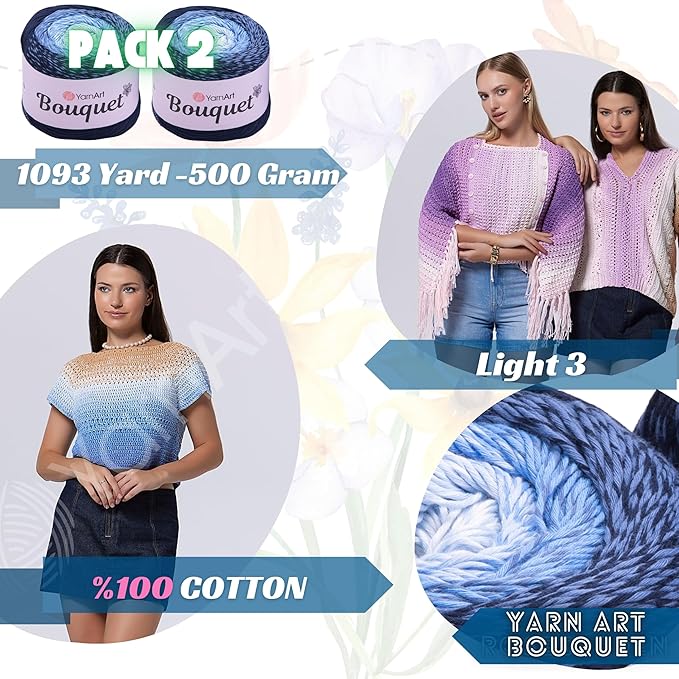 2 Skein Yarn Art Bouquet 100% Cotton 250grx2 550yardsx2 Multicolor Cotton Cake Yarn, Ombre More Softness, Gradient Rainbow Crochet Spring Summer Light 3, Top 5 Most Used Colors (Bouquet 717)