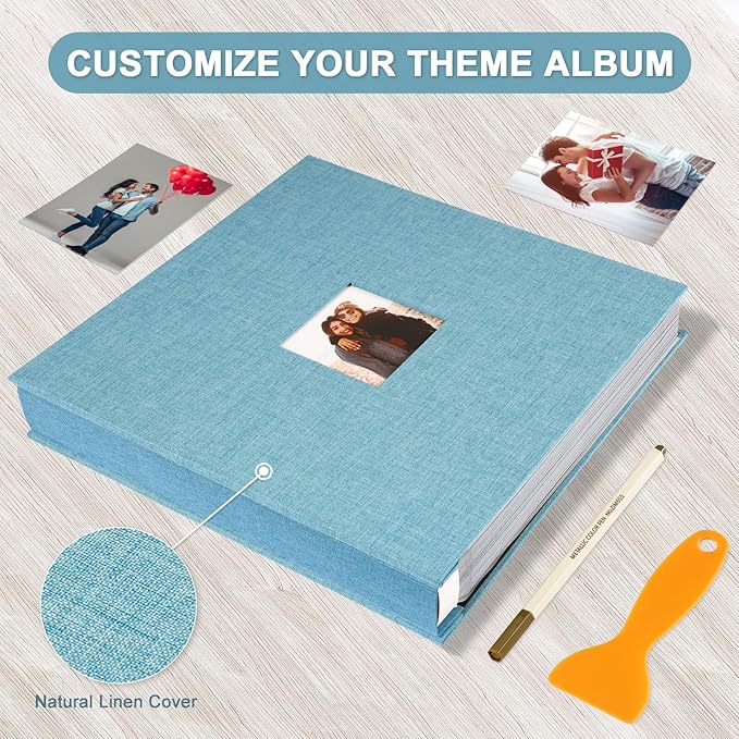 Self Adhesive Photo Album Black Pages Scrapbook Magnetic Photo Albums for 4x6 5x7 8x10 Pictures Books with Sticky Pages with A Metallic Pen for Baby Family Wedding 13.2x12.8 LightBlue 120 Pages