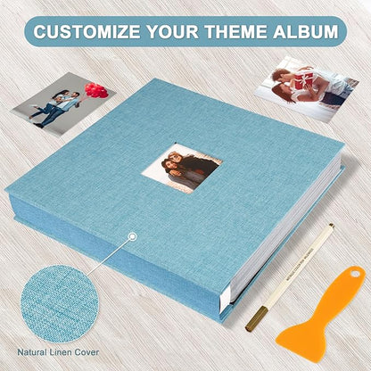 Self Adhesive Photo Album Black Pages Scrapbook Magnetic Photo Albums for 4x6 5x7 8x10 Pictures Books with Sticky Pages with A Metallic Pen for Baby Family Wedding 13.2x12.8 LightBlue 120 Pages