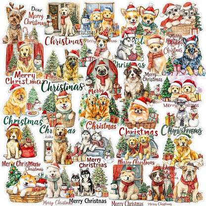 56 Pcs Cute Christmas Dog Stickers, Clear Waterproof Scrapbook Stickers with Santa Hat & Gifts, Adorable Puppy Holiday Decorative Decals for Journals, Crafts Cards Making