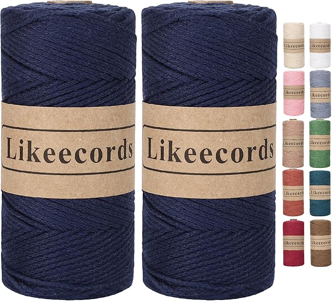 100% Cotton Rope Crochet Yarn Bag Cord 2mm 350Yards Braided Macrame Cord Macrame Rope Crochet Thread Gift for Knitter (Dark Blue)