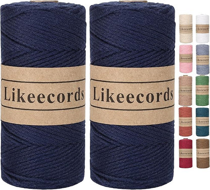 100% Cotton Rope Crochet Yarn Bag Cord 2mm 350Yards Braided Macrame Cord Macrame Rope Crochet Thread Gift for Knitter (Dark Blue)