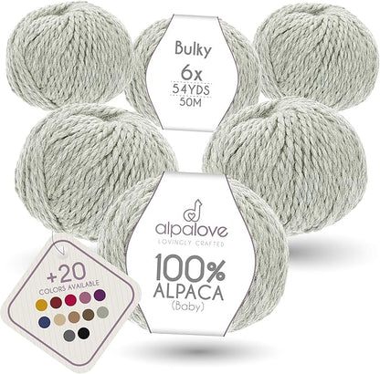 Bulky Set (6 x 1.75 oz) Super Soft Baby Alpaca Knitting Yarn Silver Gray 328 Yards