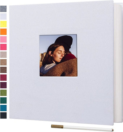 potricher 11x10.6 Inch Self Adhesive Photo Album Linen Cover 80 Pages Sticky 3x5 4x6 5x7 6x8 8x10 8.5x11 Magnetic DIY Scrapbook Photo Album with A Metallic Pen (White)
