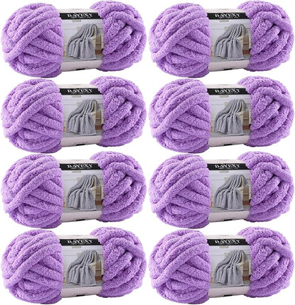 Chunky Chenille Yarn for Hand Knitting 8 Jumbo Pack Jumbo Chunky Yarn for Hand Soft Blanket Knitting, Bulky Thick Fluffy Yarn for Crocheting (Purple)