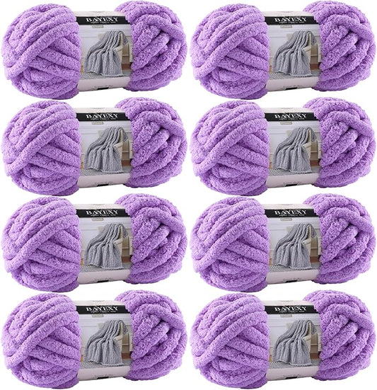Chunky Chenille Yarn for Hand Knitting 8 Jumbo Pack Jumbo Chunky Yarn for Hand Soft Blanket Knitting, Bulky Thick Fluffy Yarn for Crocheting (Purple)