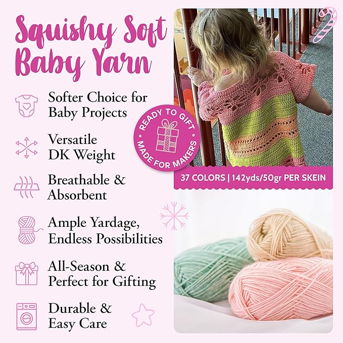 Cotton to The Core Cotton Yarn for Crocheting, 6-Pack (852 Yds / 300G), Free Patterns, Beginners Friendly - Soft Baby Yarn for Knitting - 3 DK Light Worsted Weight - Pearl White