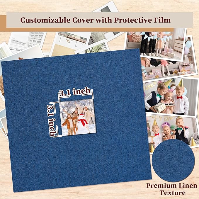 Hiwhy 12x12 Inch Large 3 Ring DIY Scrapbook Photo Album, Linen Cover Scrapbook with 40 Sheets Plastic Sleeves 80 Pages Memory Book for Wedding Birthday Baby Family (Navy)