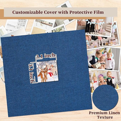 Hiwhy 12x12 Inch Large 3 Ring DIY Scrapbook Photo Album, Linen Cover Scrapbook with 40 Sheets Plastic Sleeves 80 Pages Memory Book for Wedding Birthday Baby Family (Navy)