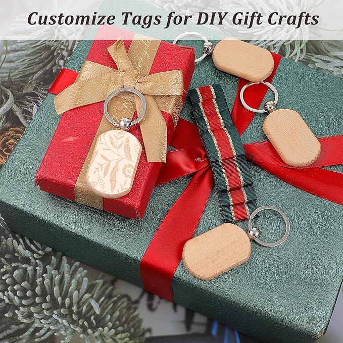 70 PCS Wooden Keychain Blanks, Wood Engraving Blanks Key Chain, Unfinished Rectangle Round Wood Key Tag for DIY Crafts