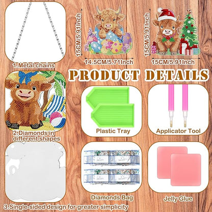 Cinnvoice 12 Pcs Seasonal Diamond Art Wreath Kits Holiday 5d DIY Diamond Art Hanging Signs Winter Spring Ornaments for Wall Door Decoration(Cow)