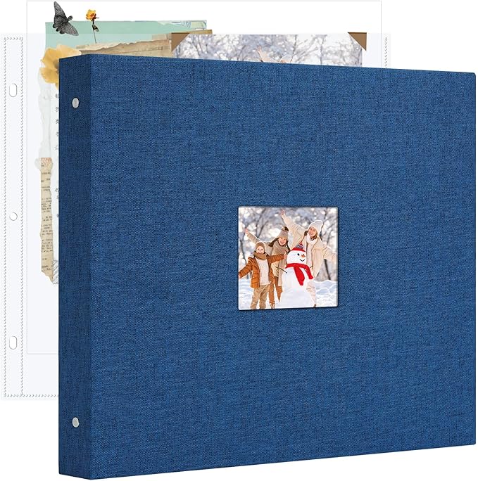 Hiwhy 12x12 Inch Large 3 Ring DIY Scrapbook Photo Album, Linen Cover Scrapbook with 20 Sheets Plastic Sleeves 40 Pages Memory Book for Wedding Birthday Baby Family (Navy)