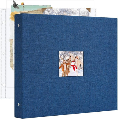 Hiwhy 12x12 Inch Large 3 Ring DIY Scrapbook Photo Album, Linen Cover Scrapbook with 20 Sheets Plastic Sleeves 40 Pages Memory Book for Wedding Birthday Baby Family (Navy)