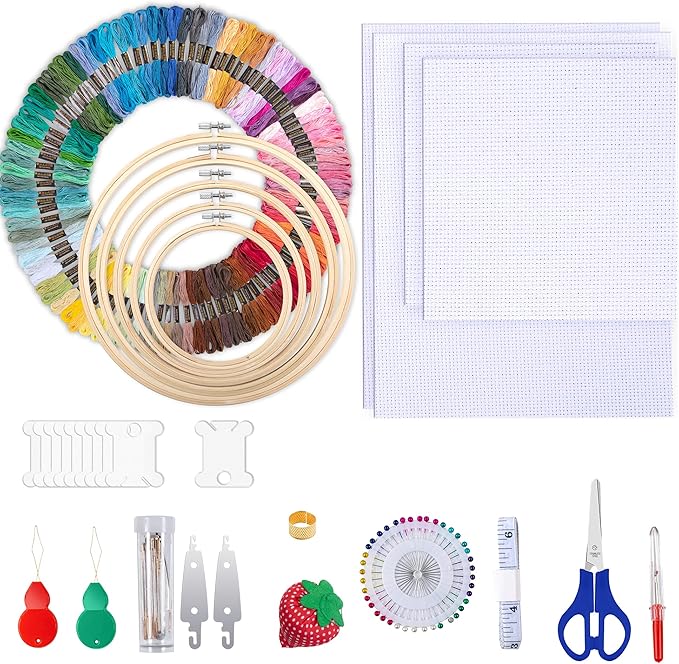 LoDrid Embroidery Kit, Double-Layer Round Storage Bag with Complete Cross Stitch Tools Kit, Embroidery Starter Kits for Beginners, Adults, with Handles and Shoulder Strap, Totem