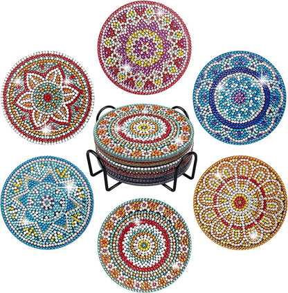 Temlum 6 Pcs Diamond Painting Coasters with Holder, Mandala Diamond Art Coasters Kits for Beginners, Adults Small Diamond Painting Kit Art Craft Supplies