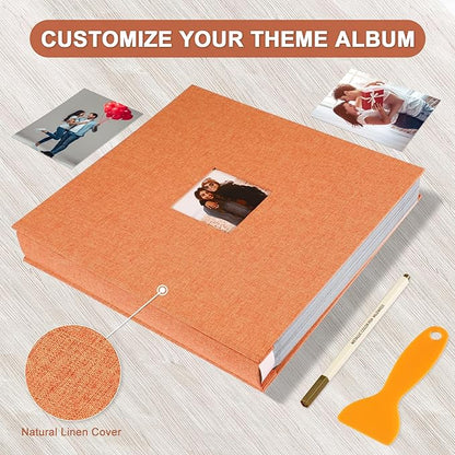 Self Adhesive Photo Album Black Pages Scrapbook Magnetic Photo Albums for 4x6 5x7 8x10 Pictures Books with Sticky Pages with A Metallic Pen for Baby Family Wedding 13.2x12.8 Orange 120 Pages