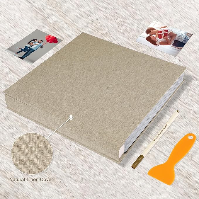 Photo Album Self Adhesive Pages Black Sticky Pages Large Scrapbook Linen Cover for 4x6 5x7 8x10 Pictures Album de Fotos Wedding Couples Baby Family Memory Book, 13.2x12.8 Yellow 120 Pages