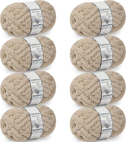 Chunky Yarn for Hand Knitting - #10 Chunky Chenille Yarn, Jumbo Big Thick Chunky Yarns for Crocheting, Super Bulky Chunky Knit Blanket Yarns, 8 Skein (25 yds 8 oz Each Skein), Khaki