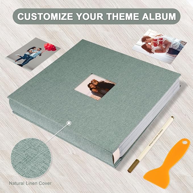 Self Adhesive Photo Album Black Pages Scrapbook Magnetic Photo Albums for 4x6 5x7 8x10 Pictures Books with Sticky Pages with A Metallic Pen for Baby Family Wedding 13.2x12.8 Green 120 Pages