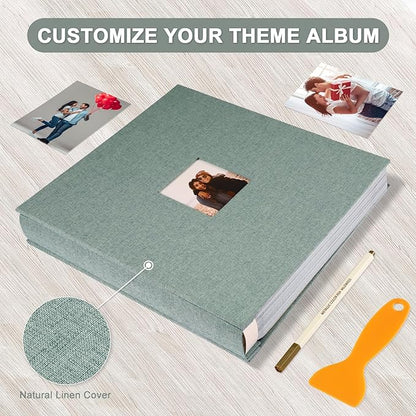 Self Adhesive Photo Album Black Pages Scrapbook Magnetic Photo Albums for 4x6 5x7 8x10 Pictures Books with Sticky Pages with A Metallic Pen for Baby Family Wedding 13.2x12.8 Green 120 Pages