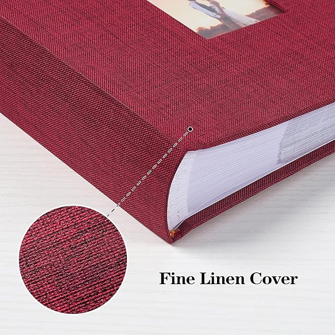 Mublalbum Small 4x6 Photo Album Linen Cover with Memo Areas Photobook Pictures Book Holds Horizontal Pockets for Wedding Family Baby and Vacation (Red)
