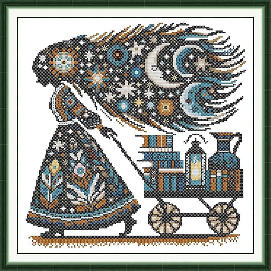 Threadhaven Cross-Stitch Kit 14CT Aida Counted Embroidery Complete Set with Fabric, Threads, Needles & Chart-Premium Beautiful Girls Design for Adults & Beginners- Knowledge is Power. 14.1''×14.1''