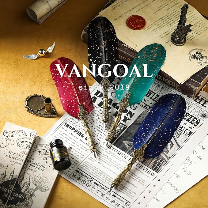 VANGOAL Vintage Black Feather Pen and Ink Set, Classic Series Goose Quill With Carving Stand, Calligraphy Nibs, Black Dip Ink, Antique Writing Gift for Writer