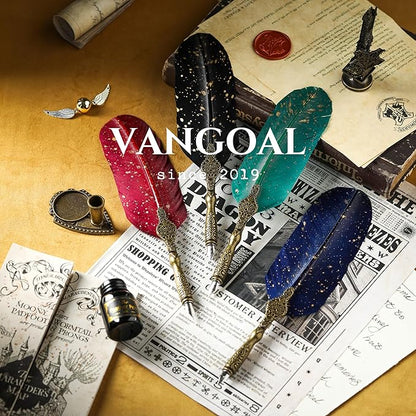 VANGOAL Vintage Black Feather Pen and Ink Set, Classic Series Goose Quill With Carving Stand, Calligraphy Nibs, Black Dip Ink, Antique Writing Gift for Writer