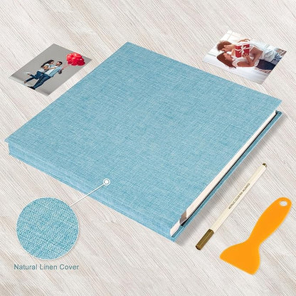 Photo Album Self Adhesive Pages Black Sticky Pages Large Scrapbook Linen Cover for 4x6 5x7 8x10 Pictures Album de Fotos Wedding Couples Baby Family Memory Book, 11x10.6 Light Blue 40 Pages