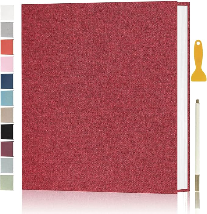 Aenbuslm Photo Album Self Adhesive Pages for 4x6 5x7 8x10 Pictures Scrapbook Magnetic Photo Albums with Sticky Pages Books with A Metallic Pen for Baby Wedding Family 13.2x12.8 Red 40 Pages