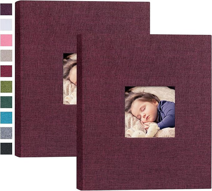 Mublalbum 2 Pack Small 8x10 Photo Album 2 Pack Linen Cover with Display Window Mini Picture Book Each Holds 52 Vertical Pockets for Artwork Postcards or Pictures Storage (Purple)