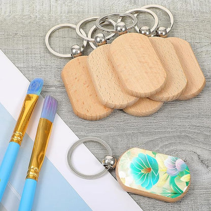 70 PCS Wooden Keychain Blanks, Wood Engraving Blanks Key Chain, Unfinished Rectangle Round Wood Key Tag for DIY Crafts