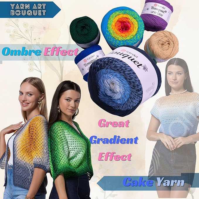 2 Skein Yarn Art Bouquet 100% Cotton 250grx2 550yardsx2 Multicolor Cotton Cake Yarn, Ombre More Softness, Gradient Rainbow Crochet Spring Summer Light 3, Top 5 Most Used Colors (Bouquet 717)