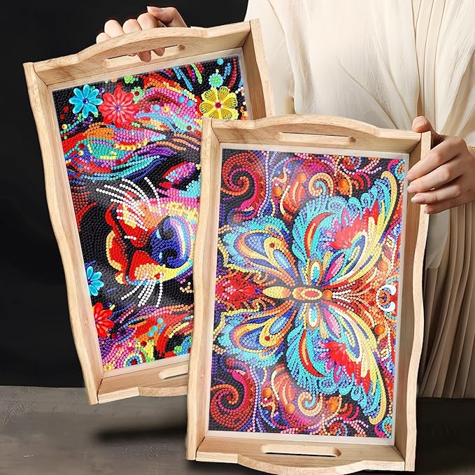 DIY Art Painting Wooden Tray Kit With Handle, Diamond Painted Table Decoration for Breakfast, Bar Dinner Table, Diamond Dots Gem Painting Art Set for Beginners (#24-Dog)