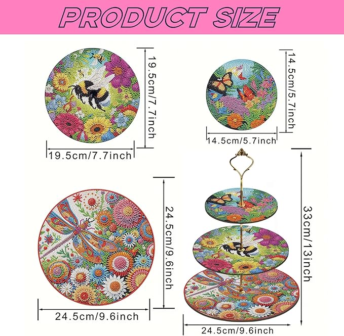 Three-Tier Diamond Painting Wooden Cake Stand DIY Sunflower Diamond Painting Cupcake Towel-Lined Tiered Tray Reusable Pastry Stand (Bee-Attracting Flowers)