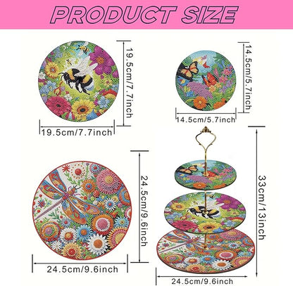 Three-Tier Diamond Painting Wooden Cake Stand DIY Sunflower Diamond Painting Cupcake Towel-Lined Tiered Tray Reusable Pastry Stand (Bee-Attracting Flowers)