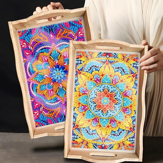 Generic DIY Art Painting Wooden Tray Kit, Food Tray with Handle Diamond Painted Table Decoration Tray, for Breakfast, Bar Dinner Table Diamond Dots Gem Painting Art Set for Beginners (#02-Mandala)