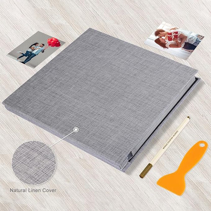 Photo Album Self Adhesive Pages Black Sticky Pages Large Scrapbook Linen Cover for 4x6 5x7 8x10 Pictures Album de Fotos Wedding Couples Baby Family Memory Book, 13.2x12.8 Grey 40 Pages
