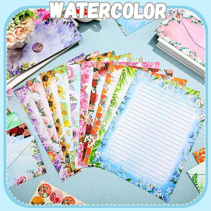 TaoBary 160 Pcs Stationery Paper Set 50 Double Sided Stationery Papers with 50 Matching Envelopes and 60 Round Dot Sticker, 10 Design(Flower,8.5 x 11 Inch)