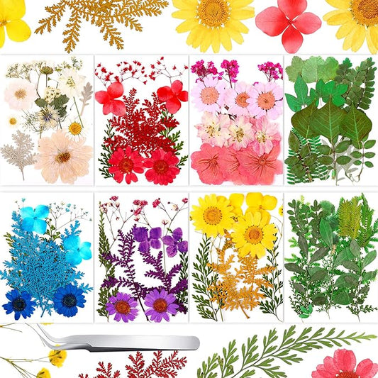 Nuanchu 109 Pieces Dried Pressed Flowers for Resin, Real Pressed Blooms Leaves Mixed Variety of Dried Flora with Tweezer for DIY Art Crafts Scrapbooking, Candle, Nails Decor, Soap Making