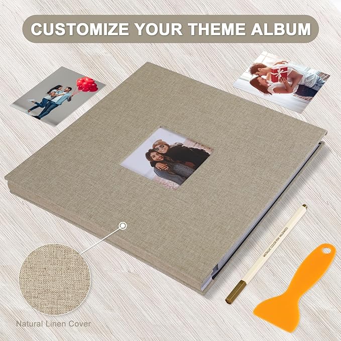 Self Adhesive Photo Album Black Pages Scrapbook Magnetic Photo Albums for 4x6 5x7 8x10 Pictures Books with Sticky Pages with A Metallic Pen for Baby Family Wedding 11x10.6 Yellow 40 Pages