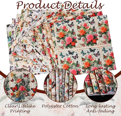 20PCS 10''x10'' Vintage Butterfly Quilting Fabric Square - Multicolor Butterfly Fabric for DIY Crafts