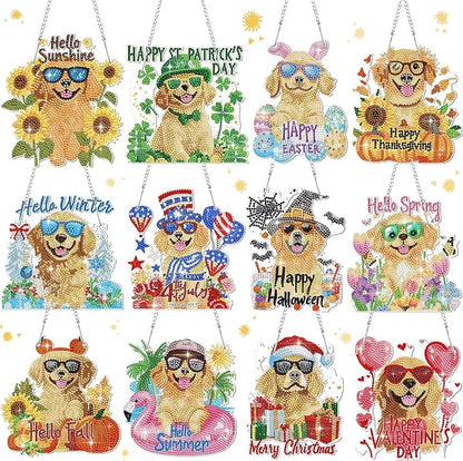 Cinnvoice 12 Pcs Seasonal Diamond Art Wreath Kits Holiday 5d DIY Diamond Art Hanging Signs Winter Spring Ornaments for Wall Door Decoration(Dog)