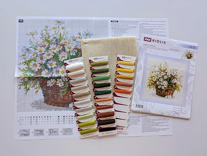RIOLIS - Russian Daisies 1478, Cross Stitch Kits 9.75"x9.75", Cross Stitch Kits for Adults, Counted Cross Stitch Kits, Embroidery Kit for Beginners & Advanced, Floral Crossstitching Kits