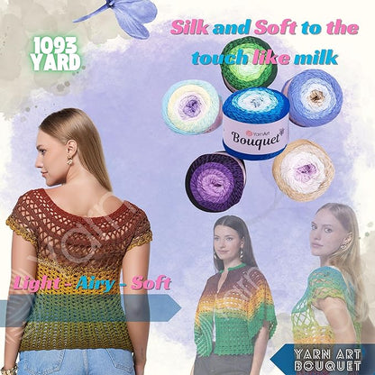 2 Skein Yarn Art Bouquet 100% Cotton 250grx2 550yardsx2 Multicolor Cotton Cake Yarn, Ombre More Softness, Gradient Rainbow Crochet Spring Summer Light 3, Top 5 Most Used Colors (Bouquet 718)