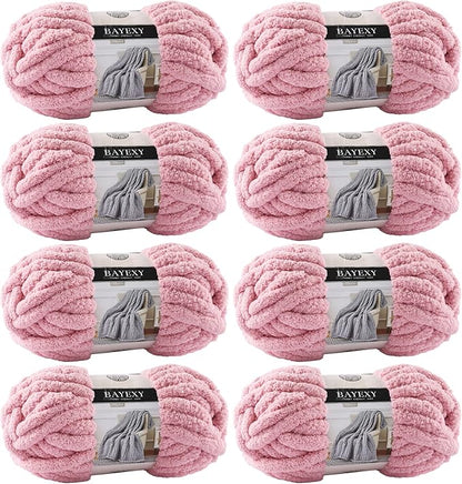 Chunky Chenille Yarn for Hand Knitting 8 Jumbo Pack Jumbo Chunky Yarn for Hand Soft Blanket Knitting, Bulky Thick Fluffy Yarn for Crocheting (Leather Pink)