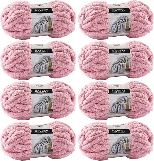 Chunky Chenille Yarn for Hand Knitting 8 Jumbo Pack Jumbo Chunky Yarn for Hand Soft Blanket Knitting, Bulky Thick Fluffy Yarn for Crocheting (Leather Pink)