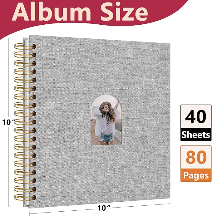 Vienrose 10X10 Inch DIY Scrapbook Album Linen Arch Window Photo Album 80 Blank Pages Scrap Book Photo Albums for Wedding Baby Shower, Gray
