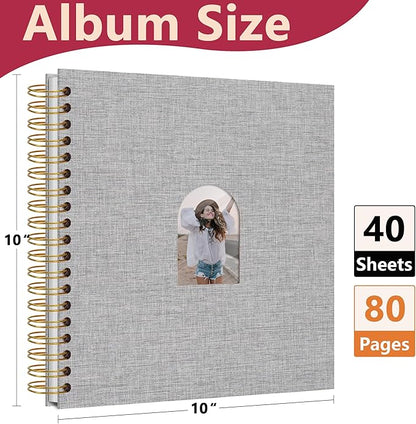 Vienrose 10X10 Inch DIY Scrapbook Album Linen Arch Window Photo Album 80 Blank Pages Scrap Book Photo Albums for Wedding Baby Shower, Gray