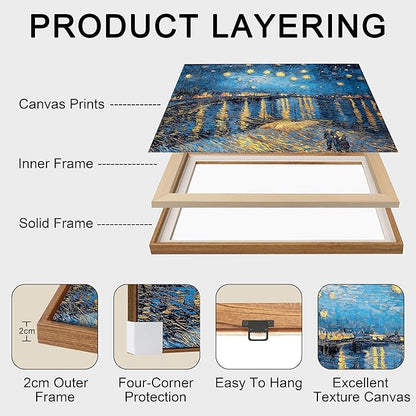 WENGTIAO Framed Canvas Wall Art of Starry Night Over The Rhone by Van Gogh Oil Paintings Famous Artist Reproduction Artwork Pictures Giclee Canvas Prints for Living Room Bedroom Study 12”x16”